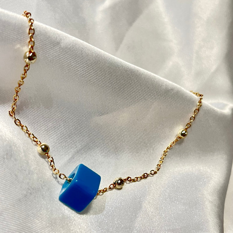 Gold Bead Anklet with Turquoise Aura Cube