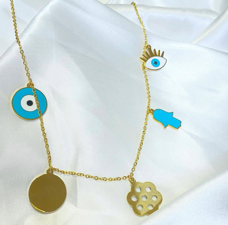 Golden Multi-charmed Blue Necklace
