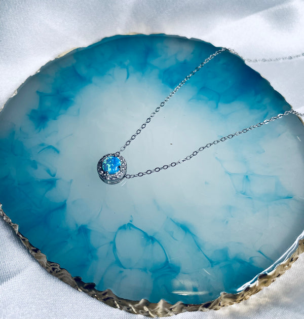 Silver Round Blue Opal Necklace