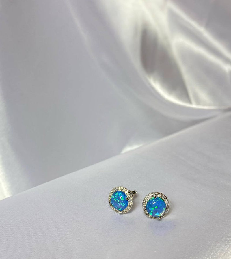 Silver Blue Opal Round Earrings