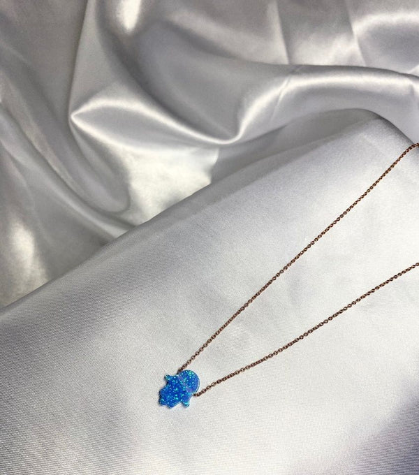 Silver Blue Opal Hamsa Necklace