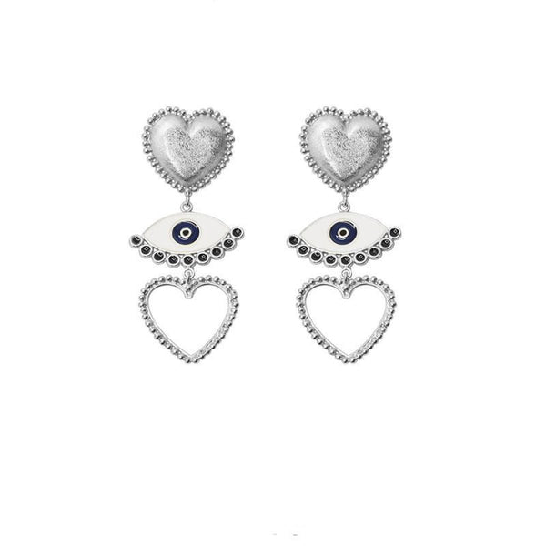 Silver Vintage Style Heart Eye Drop Earrings